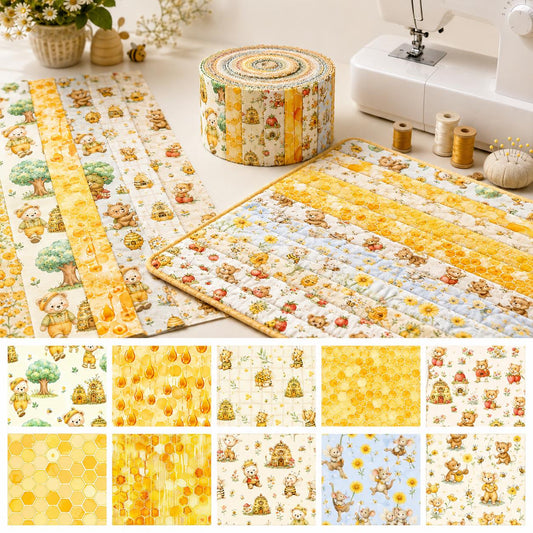 10Pc/Set, Making 10 Images 1pc Each, Each Size: 6.3*50cm Bear Honey Yellow Series Sliced Fabric Set Style Combination, Polyester Jelly Roll Fabric Strips, Pre-Cut Quilting Squares, For Quilting DIY, Handicrafts And Sewing, Blankets, Rugs