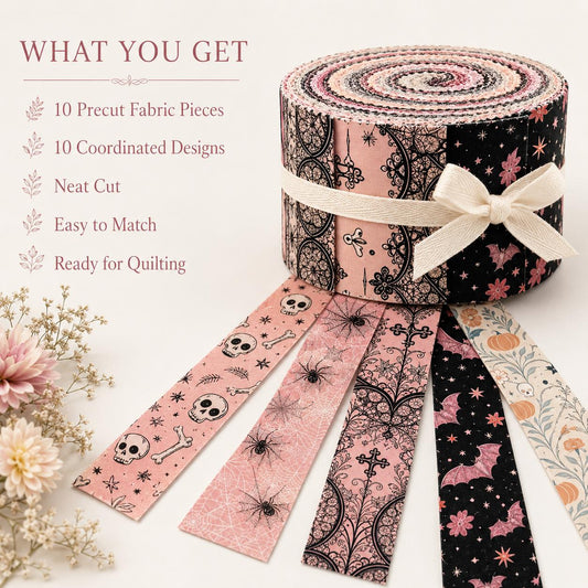10pcs Vintage Pumpkin Bat Skull Cat Halloween Theme Jelly Roll Fabric Strips 2.5X19.7inch Pre-Cut 100% Polyester For Patchwork Quilts, Table Runners, Placemats, Tote Bags, Storage Pouches, Makeup Bags, Coasters, Quilt Blocks & Binding