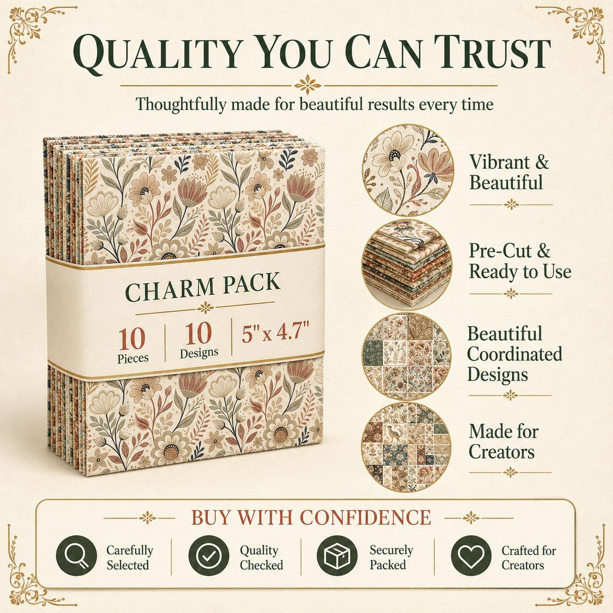 10pcs Charm Pack Set Floral Vintage Style Pattern Handmade DIY with Rich Color and Texture Elements 100% Polyester Patchwork in 10 Design Styles Suitable for Patchwork DIY Craft Projects DIY Wallet Making Gift Giving Bag Making Mother's Day Gift
