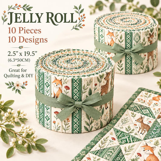 10pcs Vintage Fox Deer Rabbit Pattern Jelly Roll Fabric Strips 2.5X19.7inch Pre-Cut 100% Polyester For Patchwork Quilts, Table Runners, Placemats, Tote Bags, Storage Pouches, Makeup Bags, Coasters, Quilt Blocks & Binding