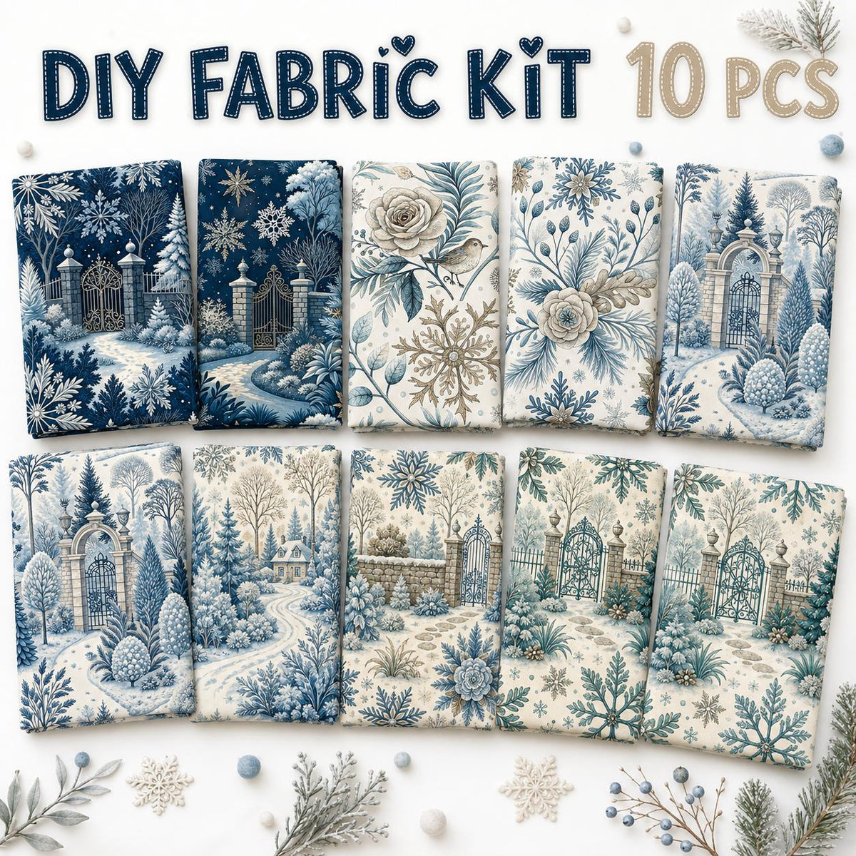 10Pc/Set Christmas Flower Blue Series Bird Leaves House Fat Quarter Fabric, Pre-Cut Square Fabric Assort, Fabric Set, Craft Fabric, Handmade DIY Patchwork Fabric,Home Quilting Sewing Fabric, Packaging Fabric, Scrapbooking Craft Hobbyist