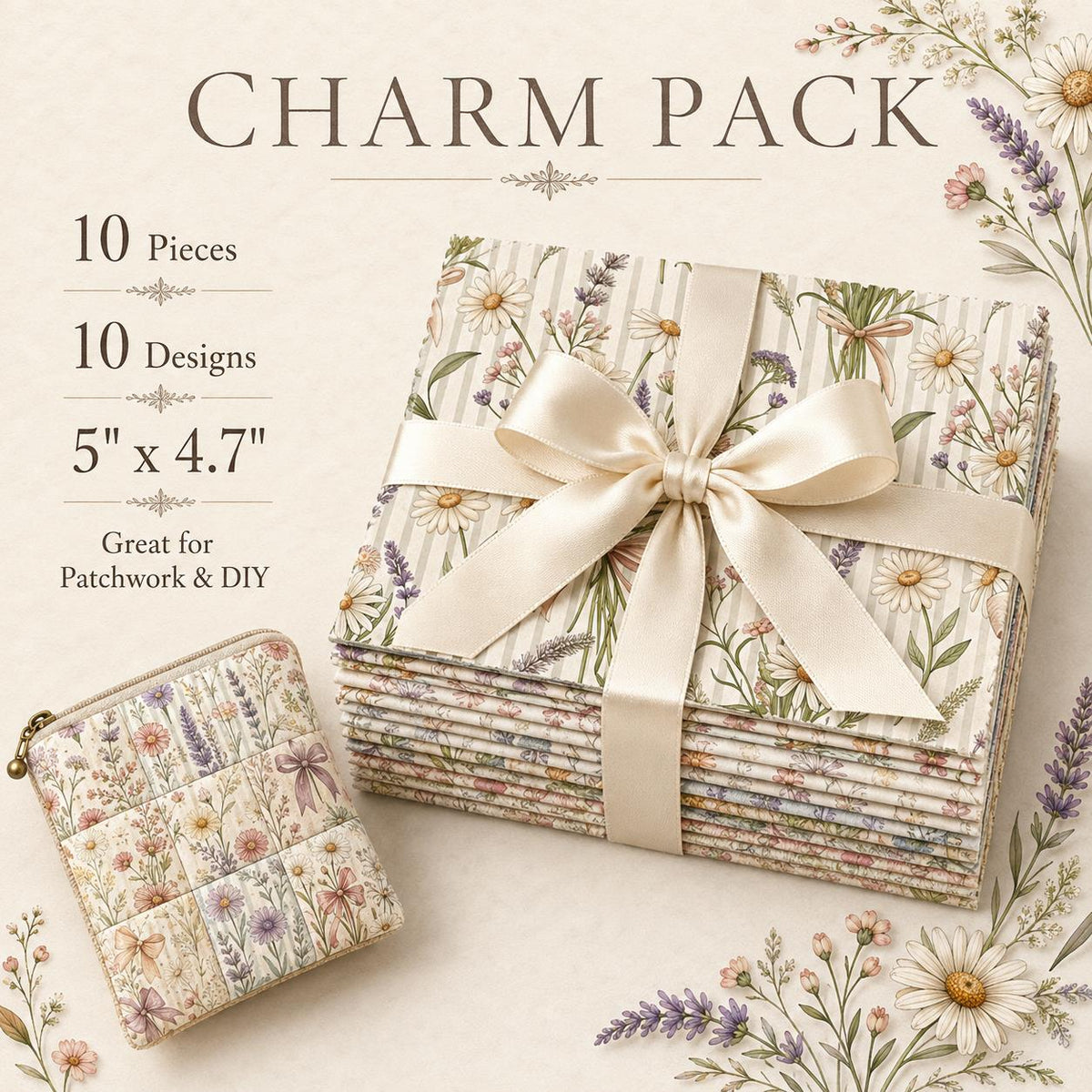 10pcS Charm Pack Set Floral Pattern VIntage Style Handmade DIY With Rich Color and Texture Elements 100% Polyester Patchwork in 10 Design Styles Suitable For Patchwork DIY Craft Projects DIY Wallet Making Gift Giving Bag Making Mother's Day Gift