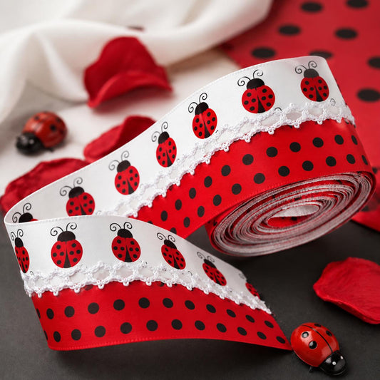 5 Yards Ladybug Dots Pattern Ribbon, Width 32mm/1.26-Inch, Two Ribbon Equipped with White Center Hook Edge, Ideal for Showcasing Jewelry And Wrapping Gifts, Creating Bows, Holiday Decorations