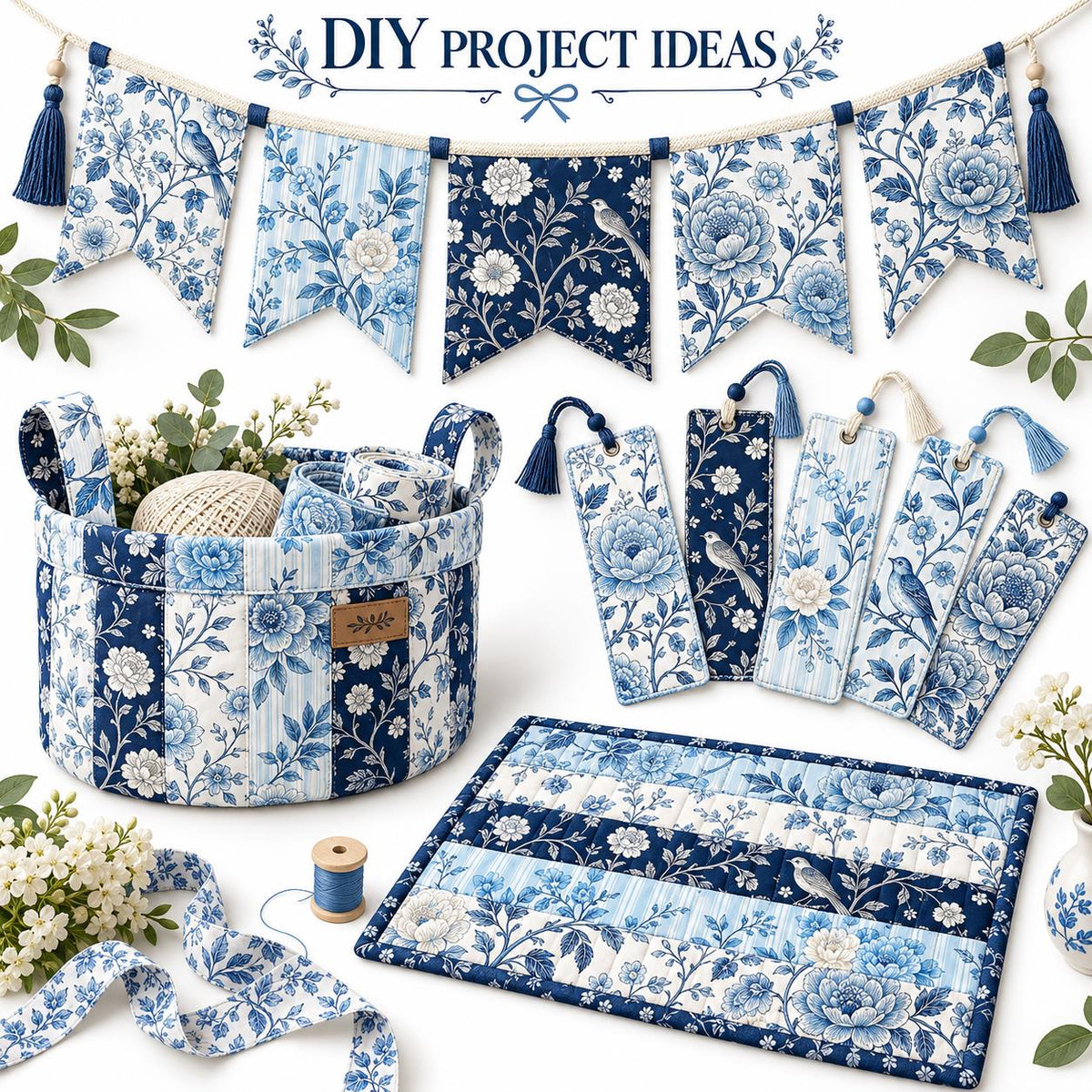 10pcs Vintage Blue Floral Pattern Jelly Roll Fabric Strips 2.5X19.7inch Pre-Cut 100% Polyester For Patchwork Quilts, Table Runners, Placemats, Tote Bags, Storage Pouches, Makeup Bags, Coasters, Quilt Blocks & Binding