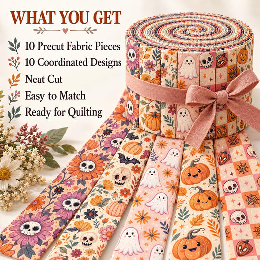 10pcs Vintage Halloween Bat Ghost Pattern Jelly Roll Fabric Strips 2.5X19.7inch Pre-Cut 100% Polyester For Patchwork Quilts, Table Runners, Placemats, Tote Bags, Storage Pouches, Makeup Bags, Coasters, Quilt Blocks & Binding