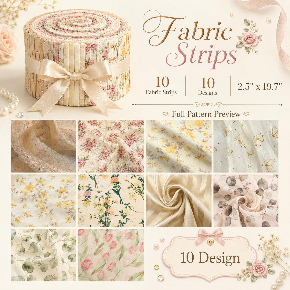 10Pc/Set, Making 10 Images 1pc Each, Each Size: 6.3*50cm Butterfly Floral Beige Series Sliced Fabric Set Style Combination, Polyester Jelly Roll Fabric Strips, Pre-Cut Quilting Squares, For Quilting DIY, Handicrafts And Sewing, Blankets, Rugs, Interior De