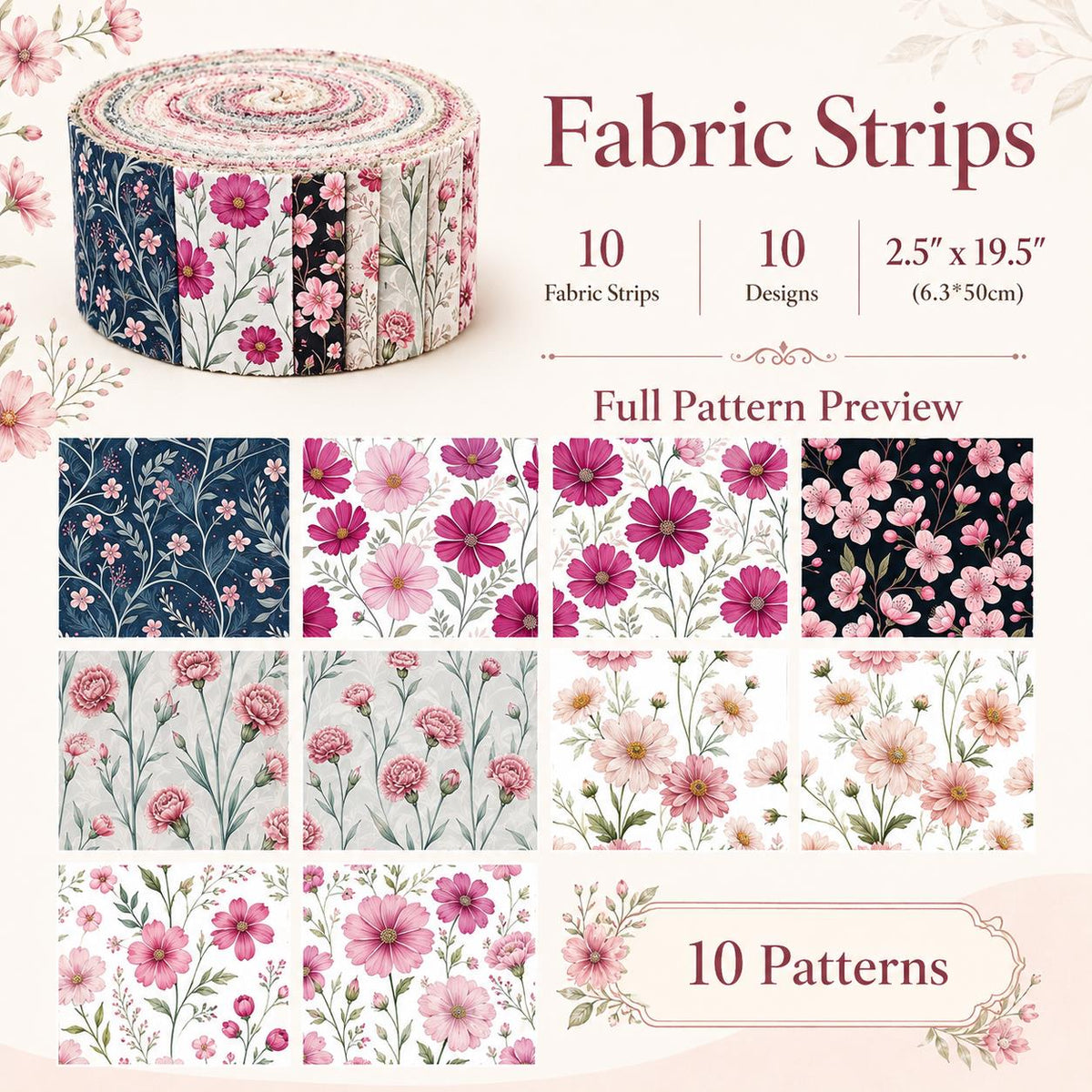 10pcs Vintage Floral Pattern Jelly Roll Fabric Strips 2.5X19.7inch Pre-Cut 100% Polyester For Patchwork Quilts, Table Runners, Placemats, Tote Bags, Storage Pouches, Makeup Bags, Coasters, Quilt Blocks & Binding