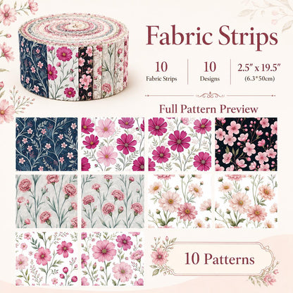 10pcs Vintage Floral Pattern Jelly Roll Fabric Strips 2.5X19.7inch Pre-Cut 100% Polyester For Patchwork Quilts, Table Runners, Placemats, Tote Bags, Storage Pouches, Makeup Bags, Coasters, Quilt Blocks & Binding
