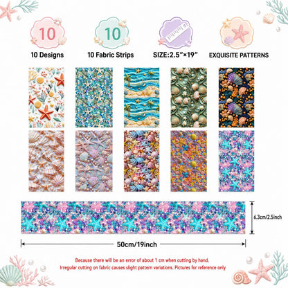 10Pc/Set, Making 10 Images 1pc Each, Each Size: 6.3*50cm 2D Flat Starfish Shell Pearl Sea Series Sliced Fabric Set Style Combination, Polyester Jelly Roll Fabric Strips, Pre-Cut Quilting Squares, For Quilting DIY, Handicrafts And Sewing, Blankets, Rugs