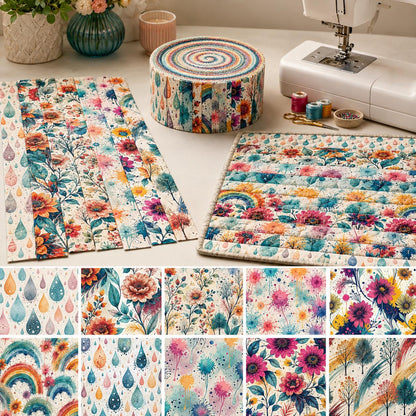 10pcs Vintage Floral Paint Splatter Pattern Jelly Roll Fabric Strips 2.5X19.7inch Pre-Cut 100% Polyester For Patchwork Quilts, Table Runners, Placemats, Tote Bags, Storage Pouches, Makeup Bags, Coasters, Quilt Blocks & Binding