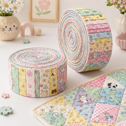 10pcs Vintage Floral Cat Pattern Jelly Roll Fabric Strips 2.5X19.7inch Pre-Cut 100% Polyester For Patchwork Quilts, Table Runners, Placemats, Tote Bags, Storage Pouches, Makeup Bags, Coasters, Quilt Blocks & Binding
