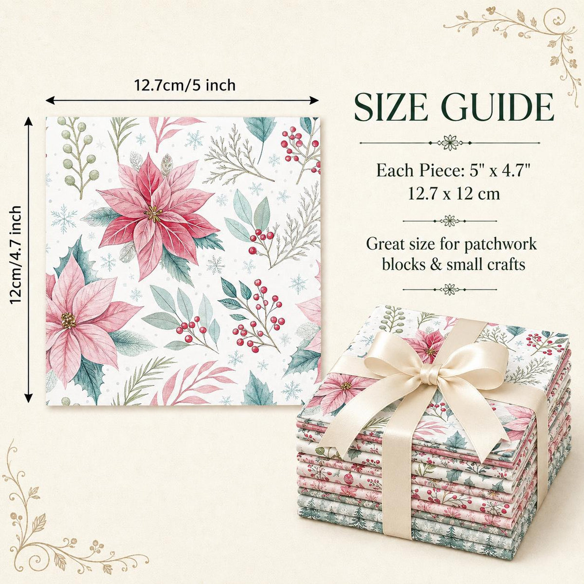 10Pc/Set Christmas Series Bird Flower Holly Pinecones Fat Quarter Fabric, Pre-Cut Square Fabric Assort, Fabric Set, Craft Fabric, Handmade DIY Patchwork Fabric,Home Quilting Sewing Fabric, Packaging Fabric, Scrapbooking Craft Hobbyist