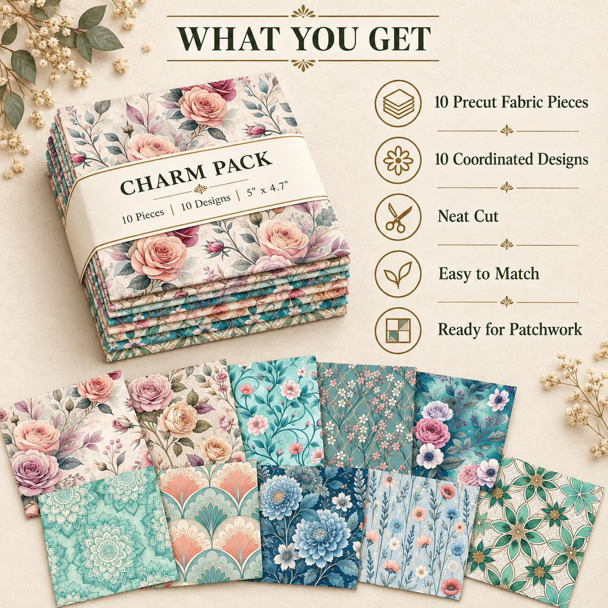10Pc/Set Flower Series Fat Quarter Fabric, Pre-Cut Square Fabric Assort, Fabric Set, Craft Fabric, Handmade DIY Patchwork Fabric,Home Quilting Sewing Fabric, Packaging Fabric, Scrapbooking Craft Hobbyist
