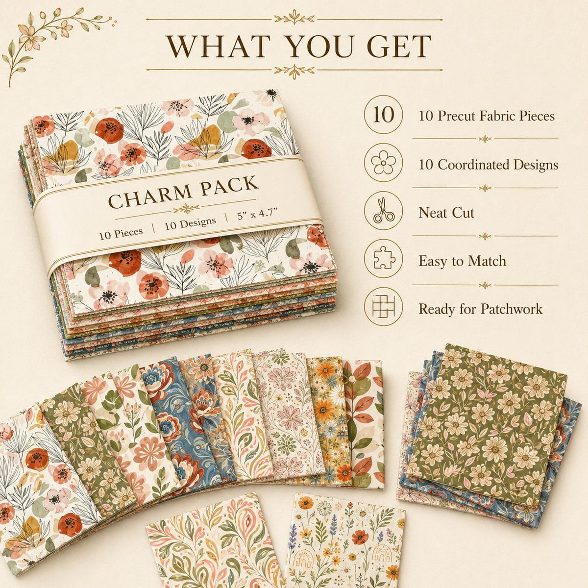 10pcs Charm Pack Set Floral Pattern Vintage Style Handmade DIY with Rich Color and Texture Elements 100% Polyester Patchwork in 10 Design Styles Suitable for Patchwork DIY Craft Projects DIY Wallet Making Gift Giving Bag Making Mother's Day Gift