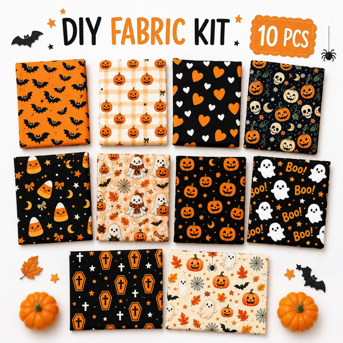 10Pc/Set Halloween Series Pumpkin Bat Cat Stripe Fat Quarter Fabric, Pre-Cut Square Fabric Assort, Fabric Set, Craft Fabric, Handmade DIY Patchwork Fabric,Home Quilting Sewing Fabric, Packaging Fabric, Scrapbooking Craft Hobbyist