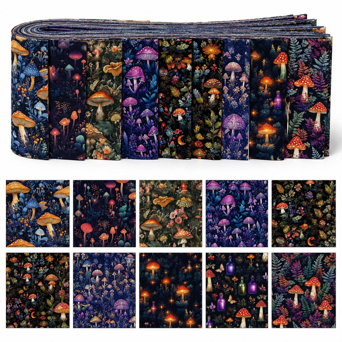 10pcs Vintage Mushroom Dark Pattern Jelly Roll Fabric Strips 2.5X19.7inch Pre-Cut 100% Polyester For Patchwork Quilts, Table Runners, Placemats, Tote Bags, Storage Pouches, Makeup Bags, Coasters, Quilt Blocks & Binding