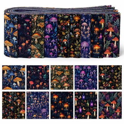 10pcs Vintage Mushroom Dark Pattern Jelly Roll Fabric Strips 2.5X19.7inch Pre-Cut 100% Polyester For Patchwork Quilts, Table Runners, Placemats, Tote Bags, Storage Pouches, Makeup Bags, Coasters, Quilt Blocks & Binding