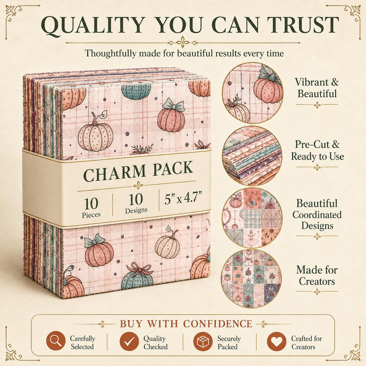 10pcs Charm Pack Set Spider Pumpkin Halloween Theme Vintage Style Pattern Handmade DIY with Rich Color and Texture Elements 100% Polyester Patchwork in 10 Design Styles Suitable for Patchwork DIY Craft Projects DIY Wallet Making Gift Giving Bag Making