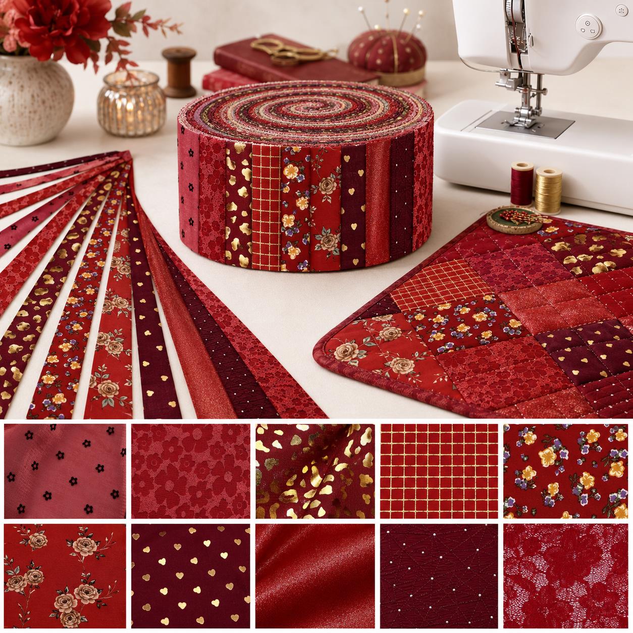 10Pc/Set, Making 10 Images 1pc Each, Each Size: 6.3*50cm Floral Red Series Sliced Fabric Set Style Combination, Polyester Jelly Roll Fabric Strips, Pre-Cut Quilting Squares, For Quilting DIY, Handicrafts And Sewing, Blankets, Rugs, Interior Decoration