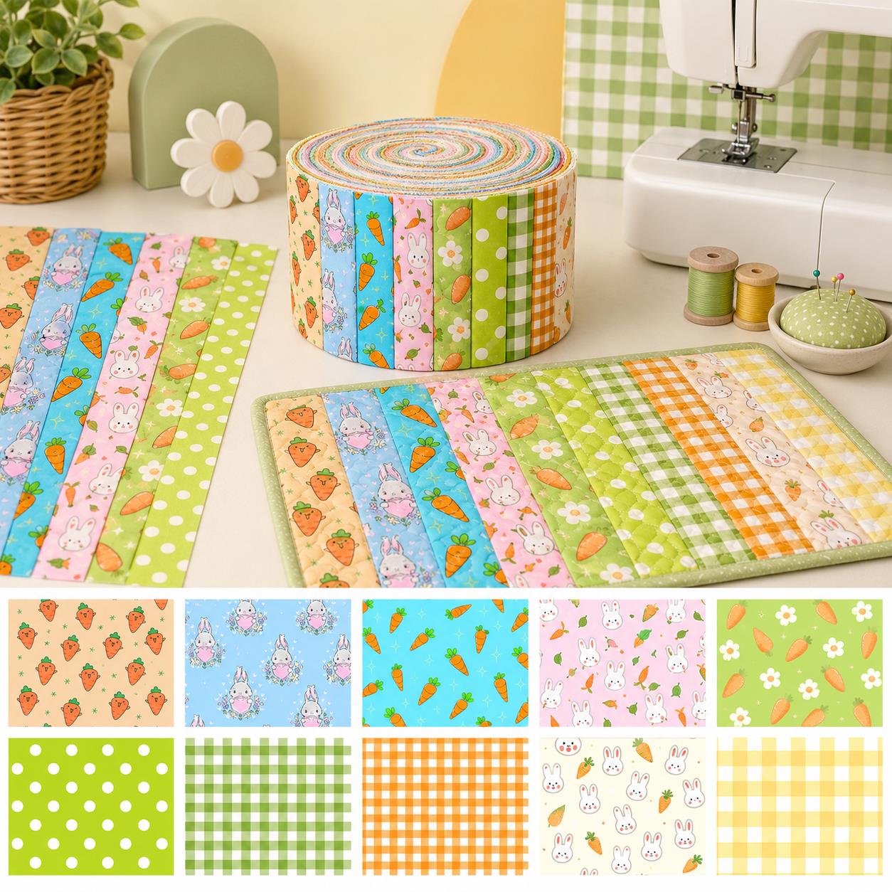 10pcs Vintage carrot Rabbit Bunny Pattern Jelly Roll Fabric Strips 2.5X19.7inch Pre-cut 100% Polyester for Patchwork Quilts, Table Runners, Placemats, Tote Bags, Storage Pouches, Makeup Bags, Coasters, Quilt Blocks & Binding
