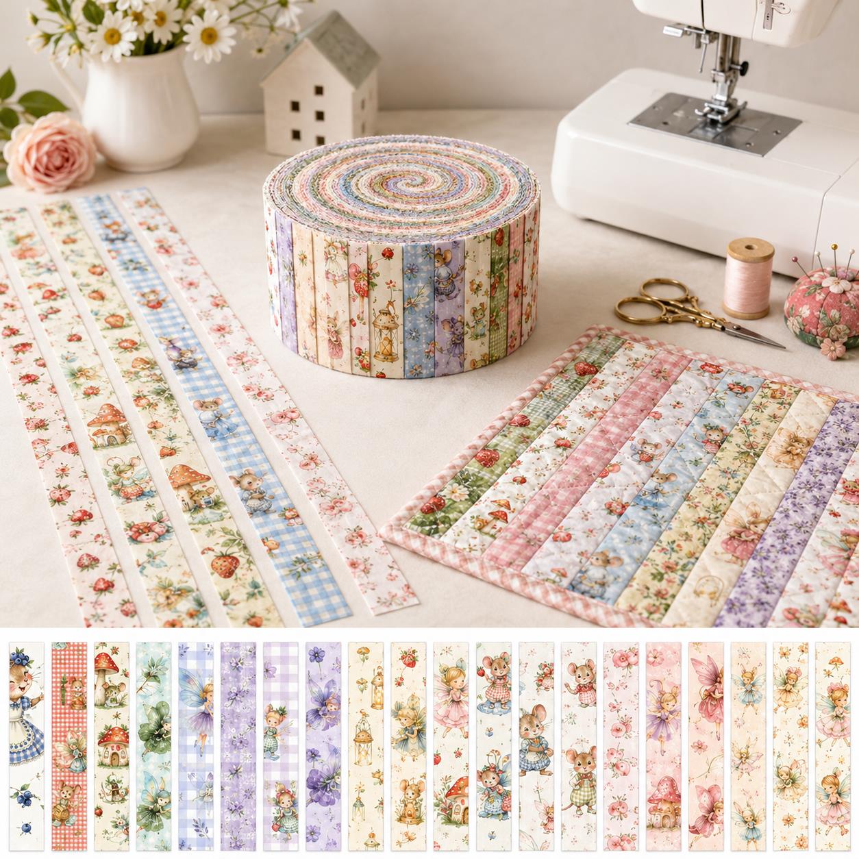 20pcs Vintage Mouse Fruit Jelly Roll Sliced Fabric Strips 2.5X19.7inch Pre-cut Fresh and Delicate Printed Multi-Color 100% Polyester for DIY Handmade Patchwork, Table Runners, Placemats, Tote Bags, Storage Pouches, Makeup Bags, Coasters, Quilt Blocks