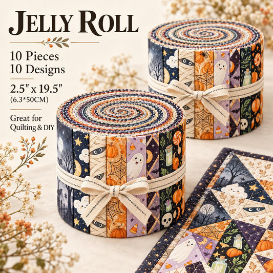 10pcs Vintage Pumpkin Bat Ghost Moon Halloween Theme Jelly Roll Fabric Strips 2.5X19.7inch Pre-Cut 100% Polyester For Patchwork Quilts, Table Runners, Placemats, Tote Bags, Storage Pouches, Makeup Bags, Coasters, Quilt Blocks & Binding
