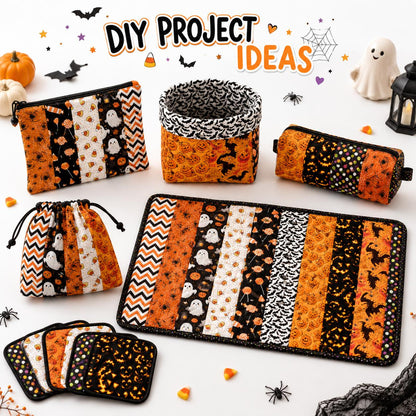 10Pc/Set, Making 10 Images 1pc Each, Each Size: 6.3*50cm Candy Pumpkin Bat Ghost Halloween Series Sliced Fabric Set Style Combination, Polyester Jelly Roll Fabric Strips, Pre-Cut Quilting Squares, For Quilting DIY, Handicrafts And Sewing, Blankets, Rugs