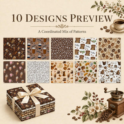 10Pc/Set Coffee Beans Series Leaves Drinks Fat Quarter Fabric, Pre-Cut Square Fabric Assort, Fabric Set, Craft Fabric, Handmade DIY Patchwork Fabric,Home Quilting Sewing Fabric, Packaging Fabric, Scrapbooking Craft Hobbyist