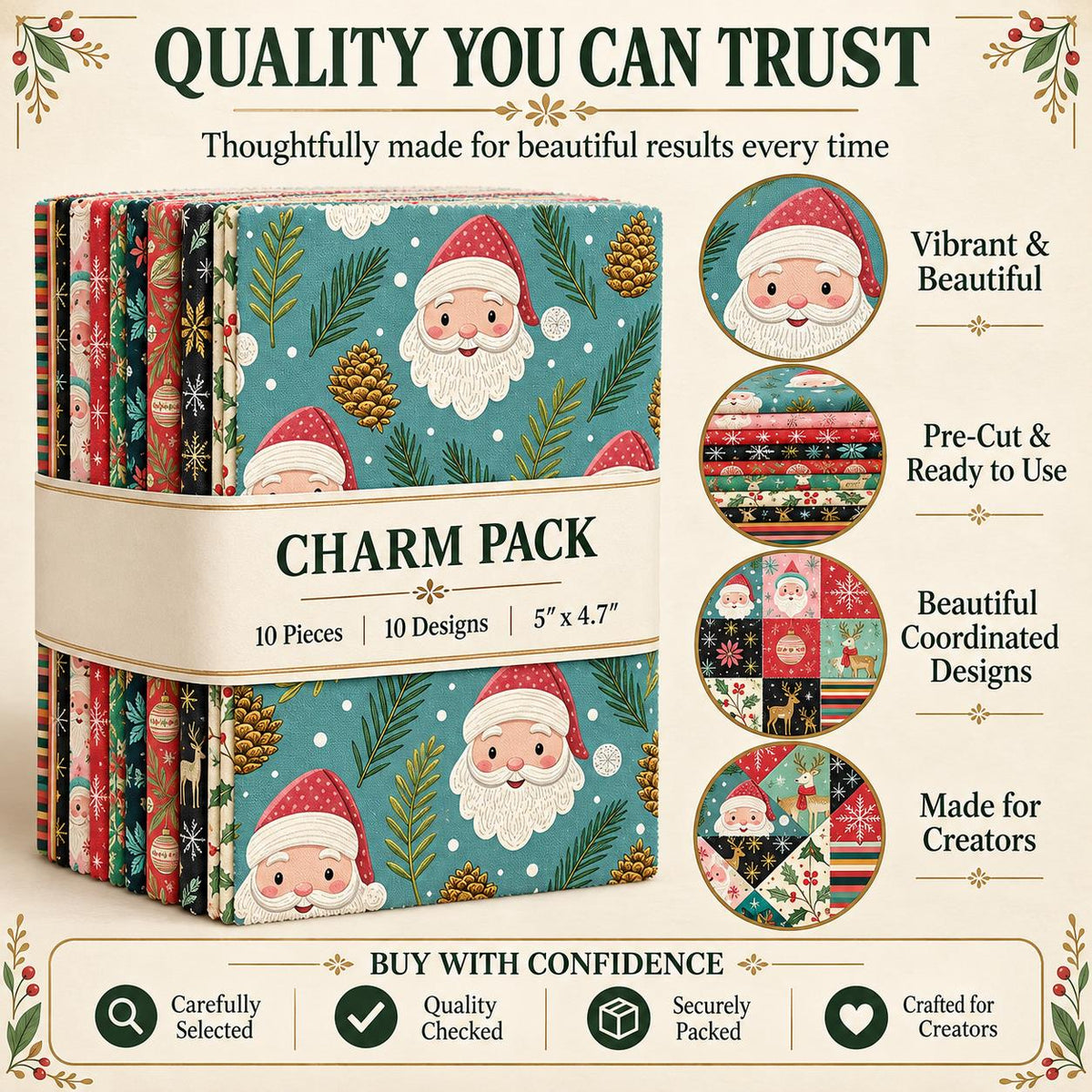 10Pc/Set Christmas Series Flower Stripe Plaid Deer Santa Claus Holly Pinecones Fat Quarter Fabric, Pre-Cut Square Fabric Assort, Fabric Set, Craft Fabric, Handmade DIY Patchwork Fabric,Home Quilting Sewing Fabric, Packaging Fabric, Scrapbooking Craft Hobb