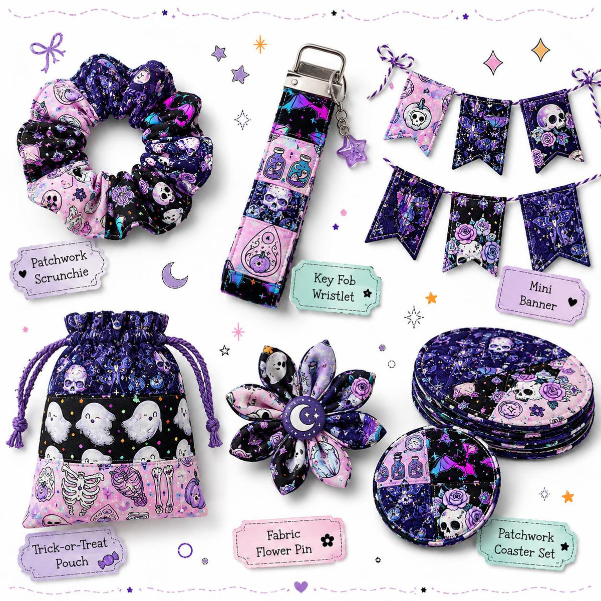 10Pc/Set, Making 10 Images 1pc Each, Each Size: 6.3*50cm Black Candy Skull Pumpkin Bat Ghost Halloween Series Sliced Fabric Set Style Combination, Polyester Jelly Roll Fabric Strips, Pre-Cut Quilting Squares, For Quilting DIY, Handicrafts And Sewing, Blan