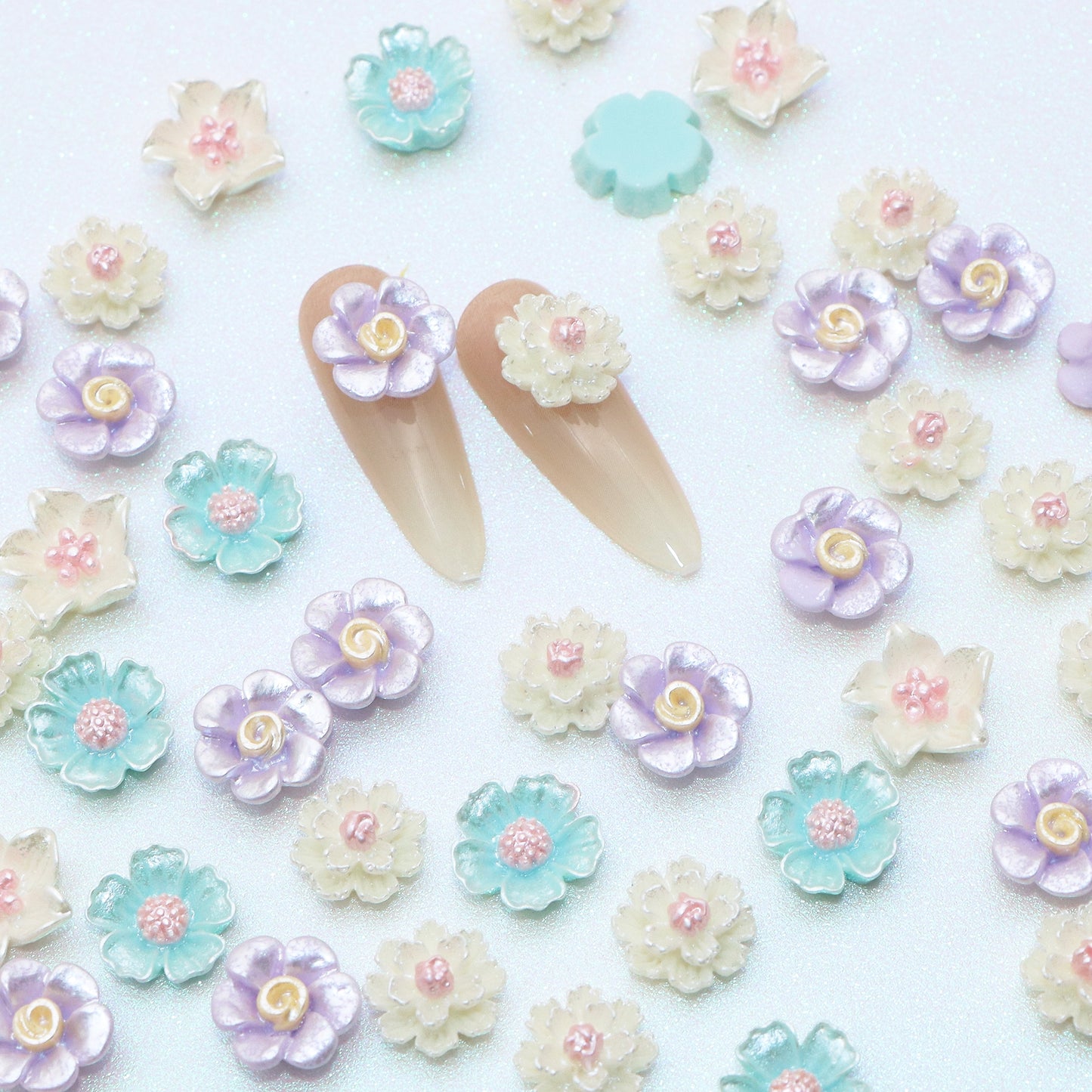 10pcs Pearlescent Flower Shaped 3D Acrylic Resin Cabochon Charms Ornament DIY Creative Phone Shell Case Keychain Fridge Patches Decors Accessories