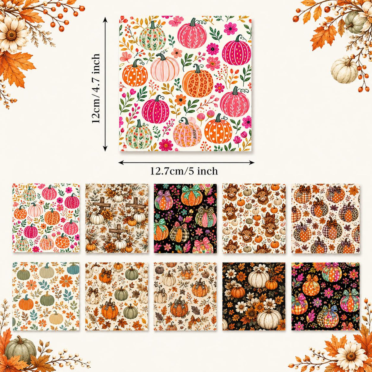 10pcs Charm Pack Set Floral Pumpkin Autumn Pattern Vintage Style Handmade DIY with Rich Color and Texture Elements 100% Polyester Patchwork in 10 Design Styles Suitable for Patchwork DIY Craft Projects DIY Wallet Making Gift Giving Bag Making Mother's Day