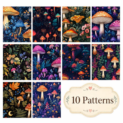 10pcs Vintage Mushroom Dark Pattern Jelly Roll Fabric Strips 2.5X19.7inch Pre-Cut 100% Polyester For Patchwork Quilts, Table Runners, Placemats, Tote Bags, Storage Pouches, Makeup Bags, Coasters, Quilt Blocks & Binding