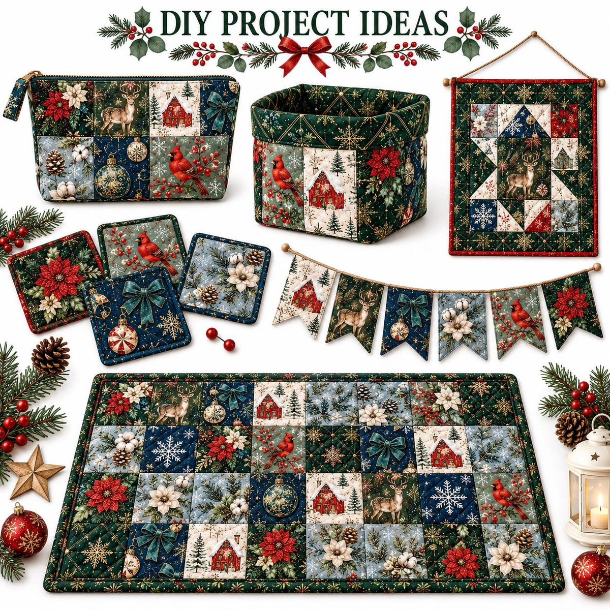 10Pc/Set Christmas Series Bowknot Flower Rabbit Northern Cardinal Deer Holly Pinecones Fox Fat Quarter Fabric, Pre-Cut Square Fabric Assort, Fabric Set, Craft Fabric, Handmade DIY Patchwork Fabric,Home Quilting Sewing Fabric, Packaging Fabric, Scrapbookin