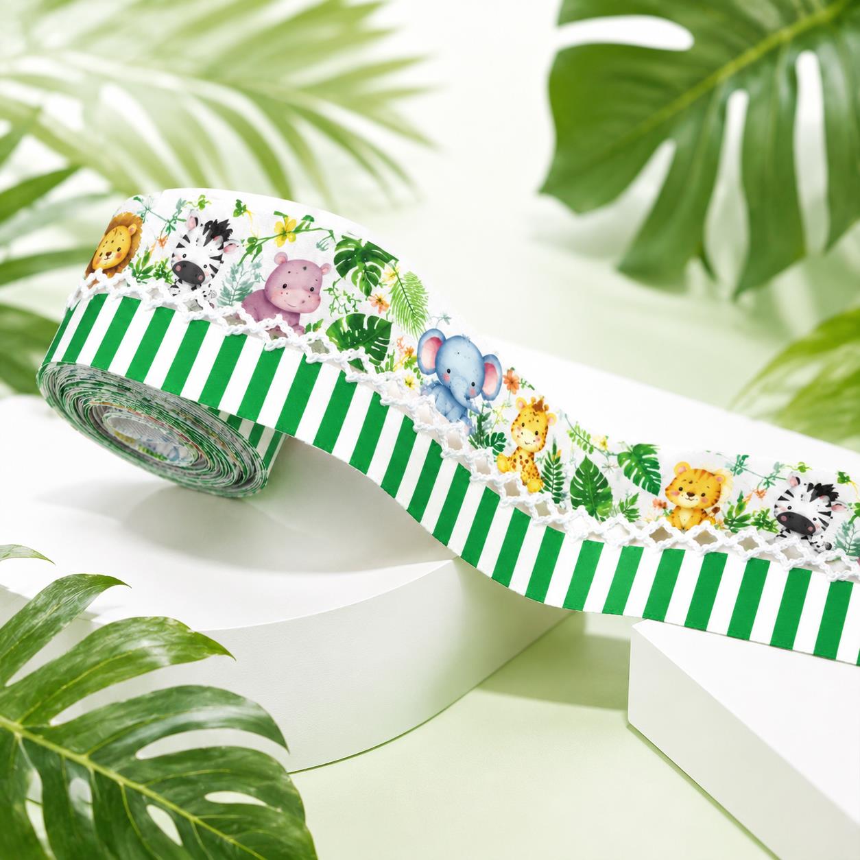 5 Yards Cute Animal Series Ribbon Adorned with Elephant Lions Tiger Stripe Pattern, Width 32mm/1.26-Inch, Two Ribbon Equipped with White Center Hook Edge, Ideal for Showcasing Jewelry And Wrapping Gifts, Creating Bows, Holiday Decorations