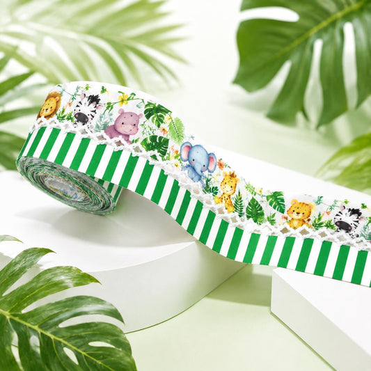 5 Yards Cute Animal Series Ribbon Adorned with Elephant Lions Tiger Stripe Pattern, Width 32mm/1.26-Inch, Two Ribbon Equipped with White Center Hook Edge, Ideal for Showcasing Jewelry And Wrapping Gifts, Creating Bows, Holiday Decorations