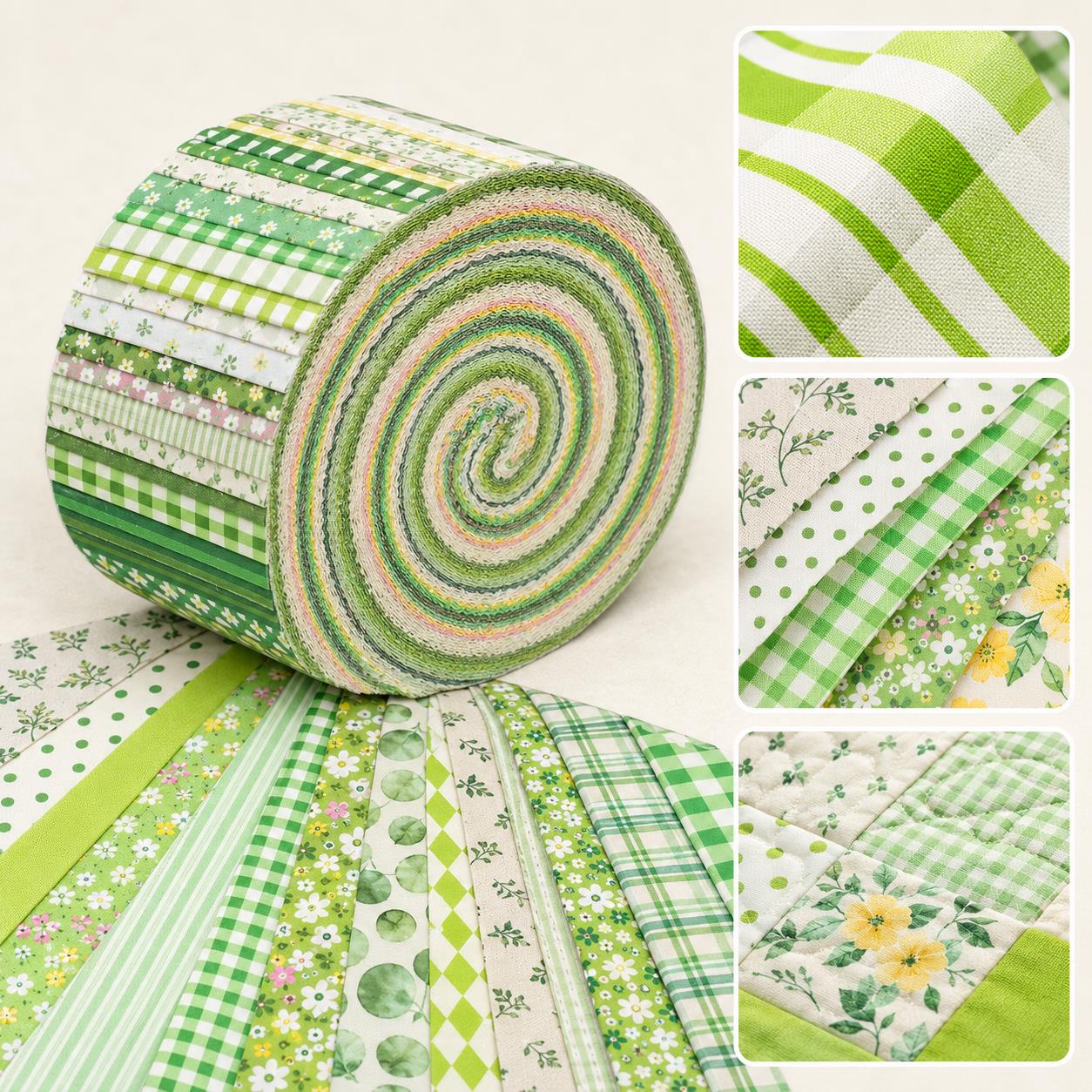 20pcs Vintage Plaid Dot Floral Green Series Jelly Roll Fabric Strips 2.5X19.7inch Delicate Printed Multi-Color 100% Polyester for DIY Handmade Patchwork, Table Runners, Placemats, Tote Bags, Storage Pouches, Makeup Bags, Coasters, Quilt Blocks