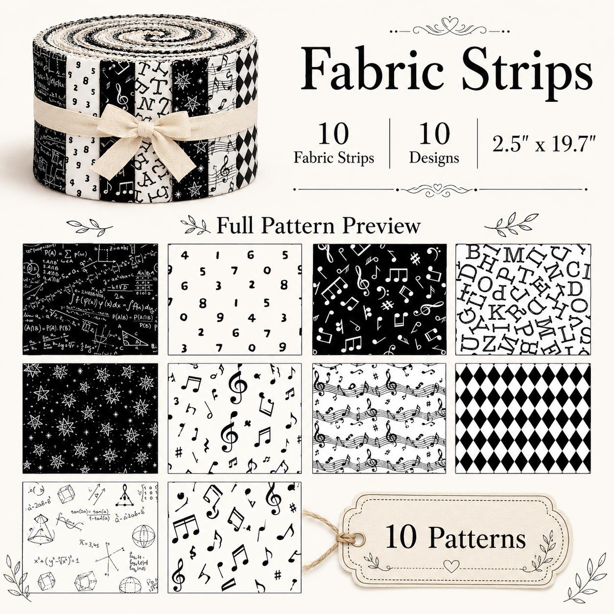 10Pc/Set, Making 10 Images 1pc Each, Each Size: 6.3*50cm Back to School White and Black Series Sliced Fabric Set Style Combination, Polyester Jelly Roll Fabric Strips, Pre-Cut Quilting Squares, For Quilting DIY, Handicrafts And Sewing, Blankets, Rugs