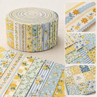 10Pc/Set, Making 10 Images 1pc Each, Each Size: 6.3*50cm Floral Plaid Lemon Series Sliced Fabric Set Style Combination, Polyester Jelly Roll Fabric Strips, Pre-Cut Quilting Squares, For Quilting DIY, Handicrafts And Sewing, Blankets, Rugs