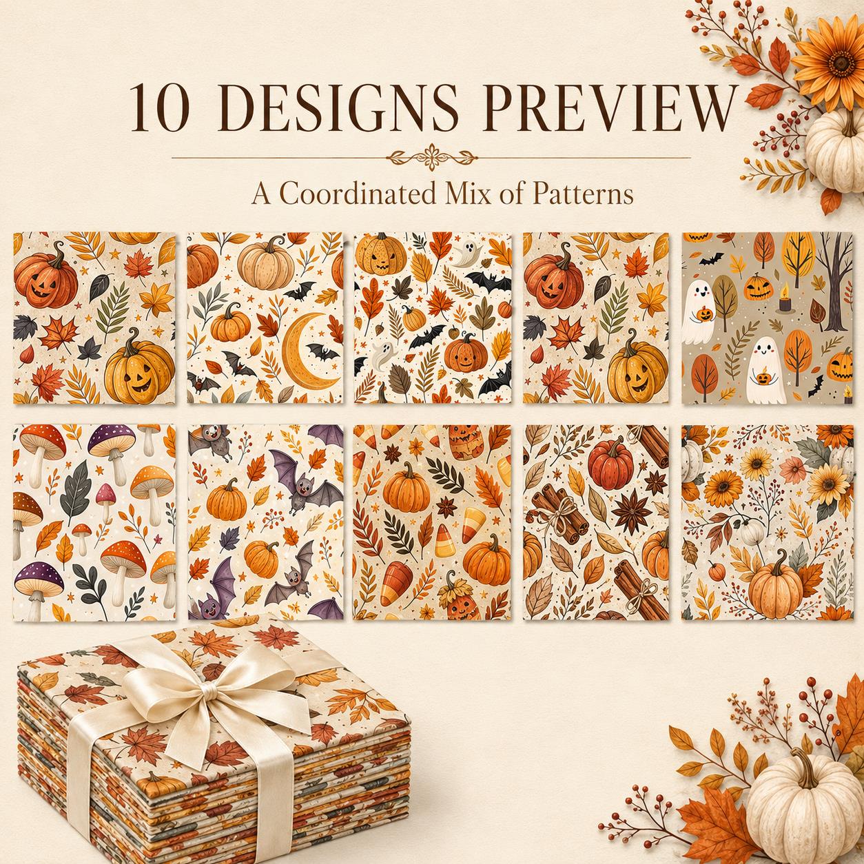 10Pc/Set Halloween Autumn Series Skull Pumpkin Mushroom Maple Leaf Bat Fat Quarter Fabric, Pre-Cut Square Fabric Assort, Fabric Set, Craft Fabric, Handmade DIY Patchwork Fabric,Home Quilting Sewing Fabric, Packaging Fabric, Scrapbooking Craft Hobbyist