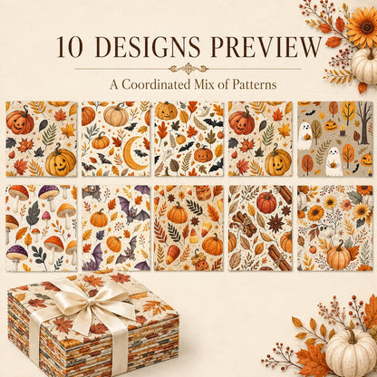 10Pc/Set Halloween Autumn Series Skull Pumpkin Mushroom Maple Leaf Bat Fat Quarter Fabric, Pre-Cut Square Fabric Assort, Fabric Set, Craft Fabric, Handmade DIY Patchwork Fabric,Home Quilting Sewing Fabric, Packaging Fabric, Scrapbooking Craft Hobbyist