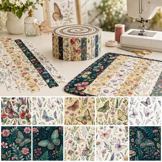 10pcs Vintage Floral Butterfly Pattern Jelly Roll Fabric Strips 2.5X19.7inch Pre-Cut 100% Polyester For Patchwork Quilts, Table Runners, Placemats, Tote Bags, Storage Pouches, Makeup Bags, Coasters, Quilt Blocks & Binding