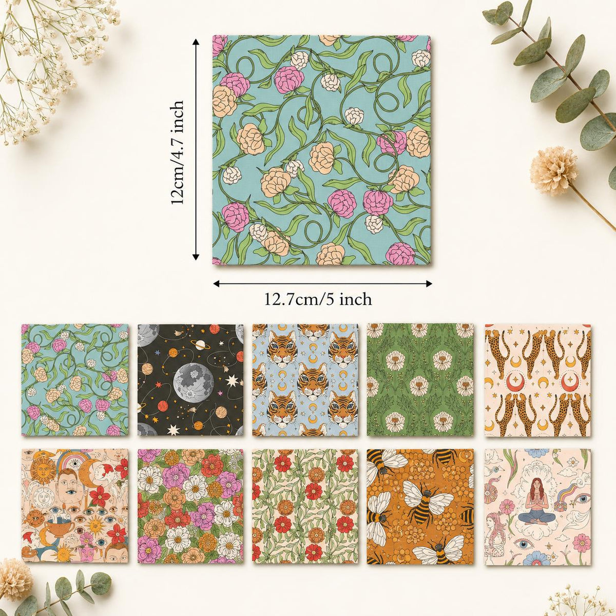 10pcs Charm Pack Set Floral Bee Pattern Vintage Style Handmade DIY with Rich Color and Texture Elements 100% Polyester Patchwork in 10 Design Styles Suitable for Patchwork DIY Craft Projects DIY Wallet Making Gift Giving Bag Making Mother's Day Gift