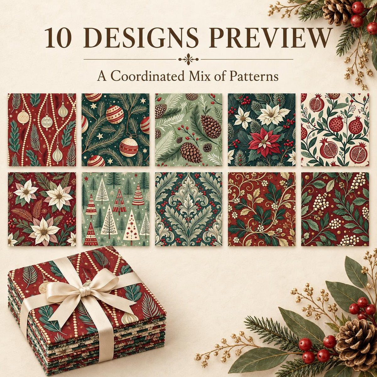 10Pc/Set Christmas Series Flower Tree Pinecones Star Fat Quarter Fabric, Pre-Cut Square Fabric Assort, Fabric Set, Craft Fabric, Handmade DIY Patchwork Fabric,Home Quilting Sewing Fabric, Packaging Fabric, Scrapbooking Craft Hobbyist