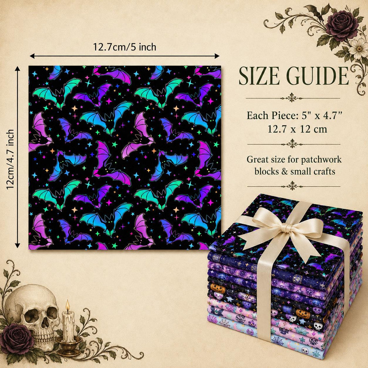 10Pc/Set Halloween Series Butterfly Heart Skull Pumpkin Cat Mushroom Rose Bat Fat Quarter Fabric, Pre-Cut Square Fabric Assort, Fabric Set, Craft Fabric, Handmade DIY Patchwork Fabric,Home Quilting Sewing Fabric, Packaging Fabric, Scrapbooking Craft Hobby