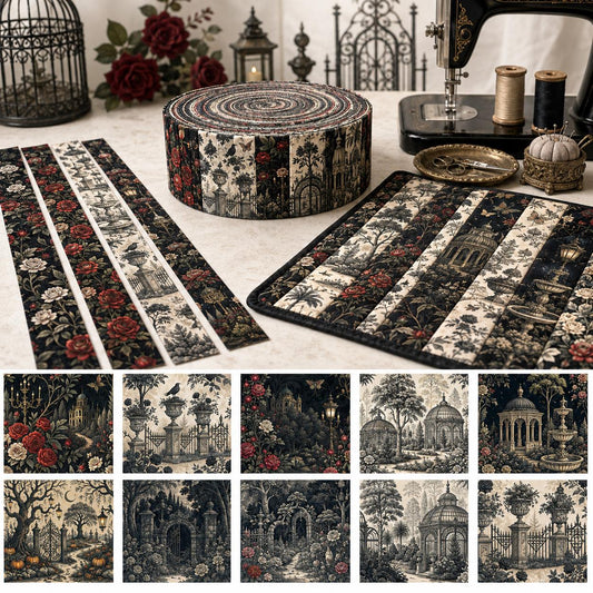 10pcs Vintage House Pavilion Theme Jelly Roll Fabric Strips 2.5X19.7inch Pre-Cut 100% Polyester For Patchwork Quilts, Table Runners, Placemats, Tote Bags, Storage Pouches, Makeup Bags, Coasters, Quilt Blocks & Binding