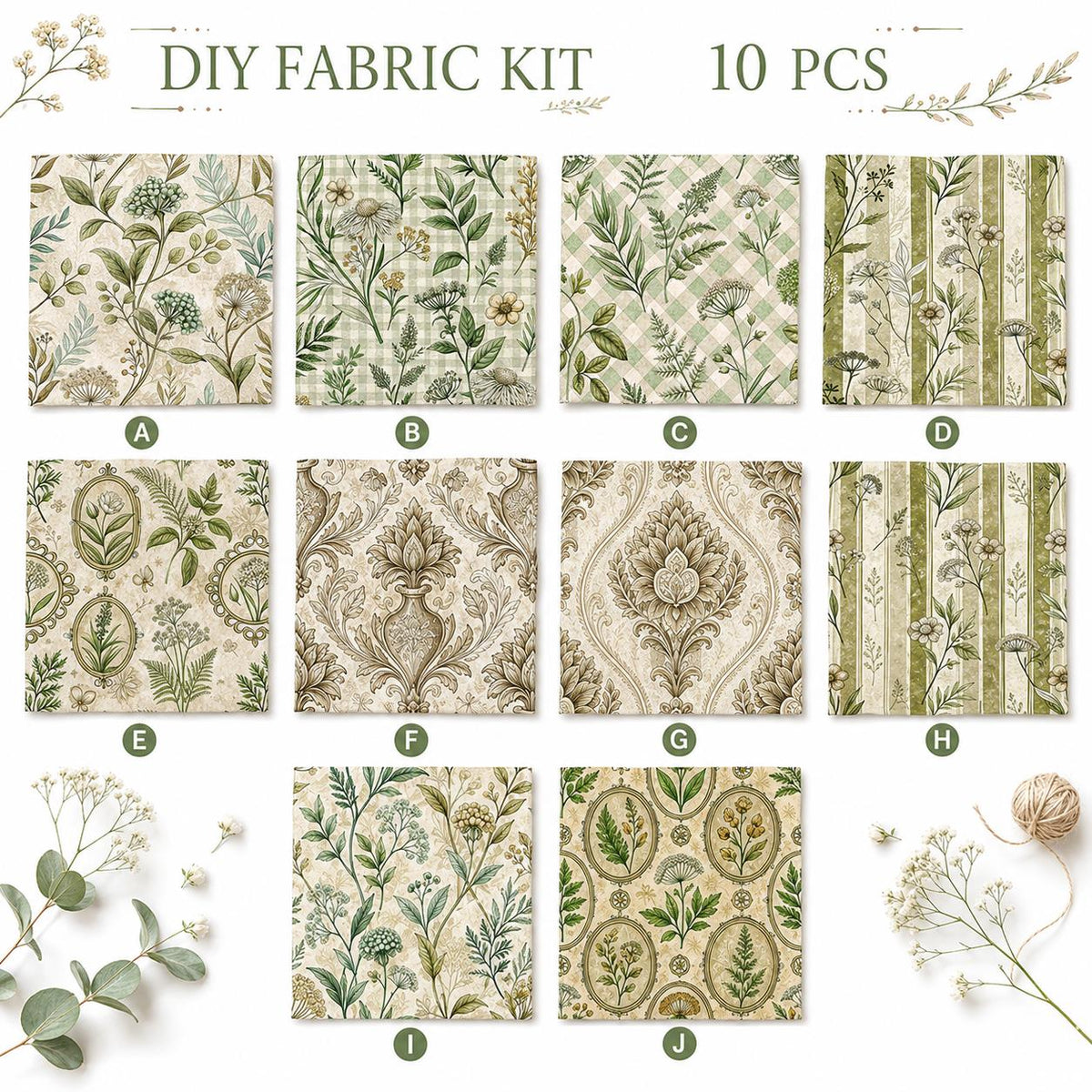 10pcs Charm Pack Set Green Floral Pattern 100% Polyester Patchwork in 10 Design Styles, Ready-to-Sew Without Cutting, Suitable For Patchwork Wallet Making Gift Giving Tote Bags Coasters DIY Craft Projects For Mother's Gift