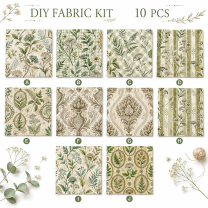 10pcs Charm Pack Set Green Floral Pattern 100% Polyester Patchwork in 10 Design Styles, Ready-to-Sew Without Cutting, Suitable For Patchwork Wallet Making Gift Giving Tote Bags Coasters DIY Craft Projects For Mother's Gift