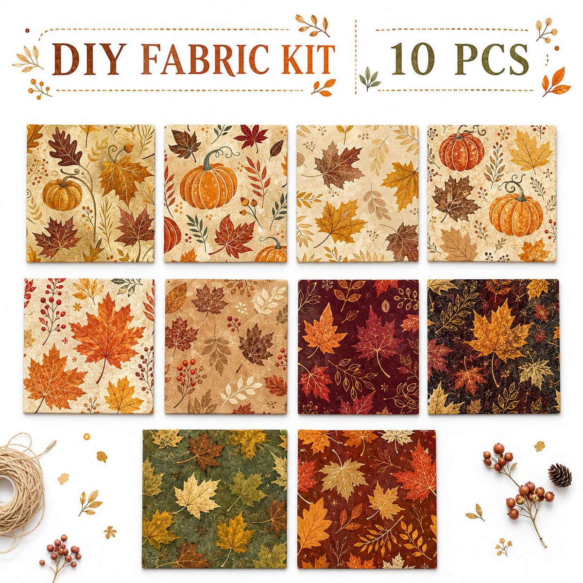 10pcs Charm Pack Set Maple leaf Pumpkin Autumn Vintage Style Pattern Handmade DIY with Rich Color and Texture Elements 100% Polyester Patchwork in 10 Design Styles Suitable for Patchwork DIY Craft Projects DIY Wallet Making Gift Giving Bag Making Mother's