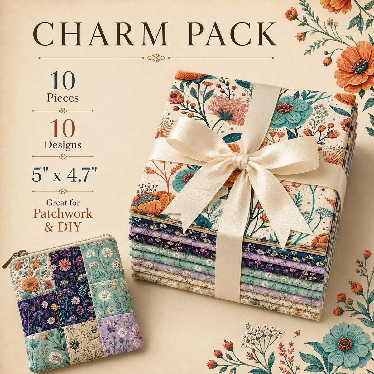 10pcs Charm Pack Set Floral Pattern Vintage Style Handmade DIY with Rich Color and Texture Elements 100% Polyester Patchwork in 10 Design Styles Suitable for Patchwork DIY Craft Projects DIY Wallet Making Gift Giving Bag Making Mother's Day Gift